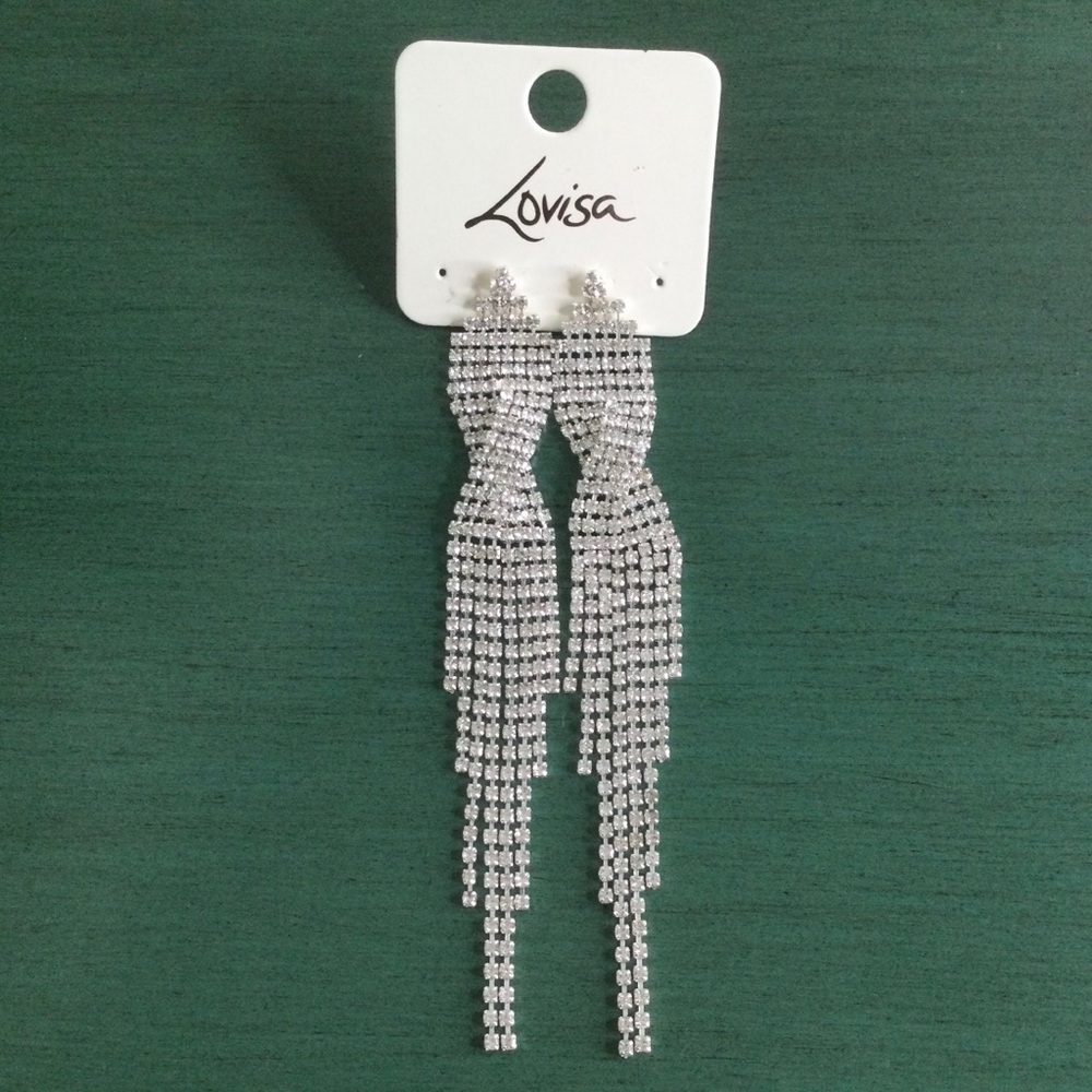 ⛔️SOLD⛔️LOVISA Silver tone Clear Rhinestone Dangle Waterfall Tassel Earrings NWT - Picture 4 of 14